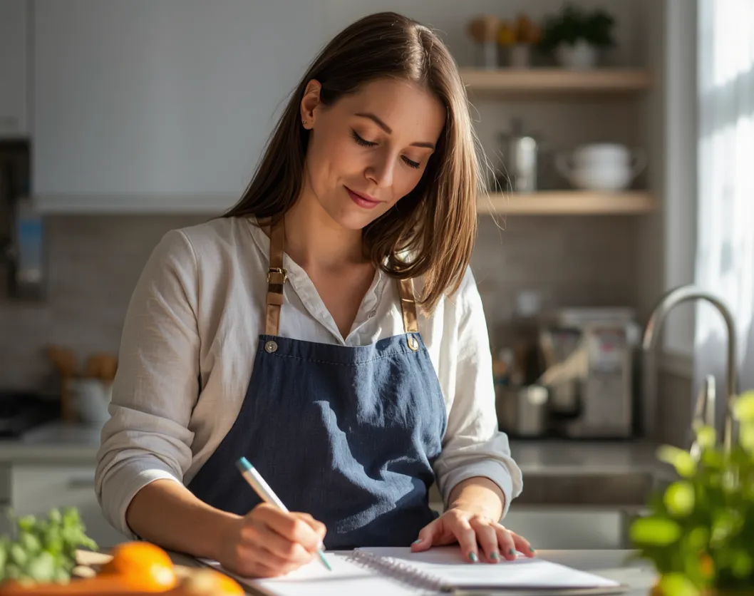 Woman wearing an apron writing in a notebook on a kitchen counter
