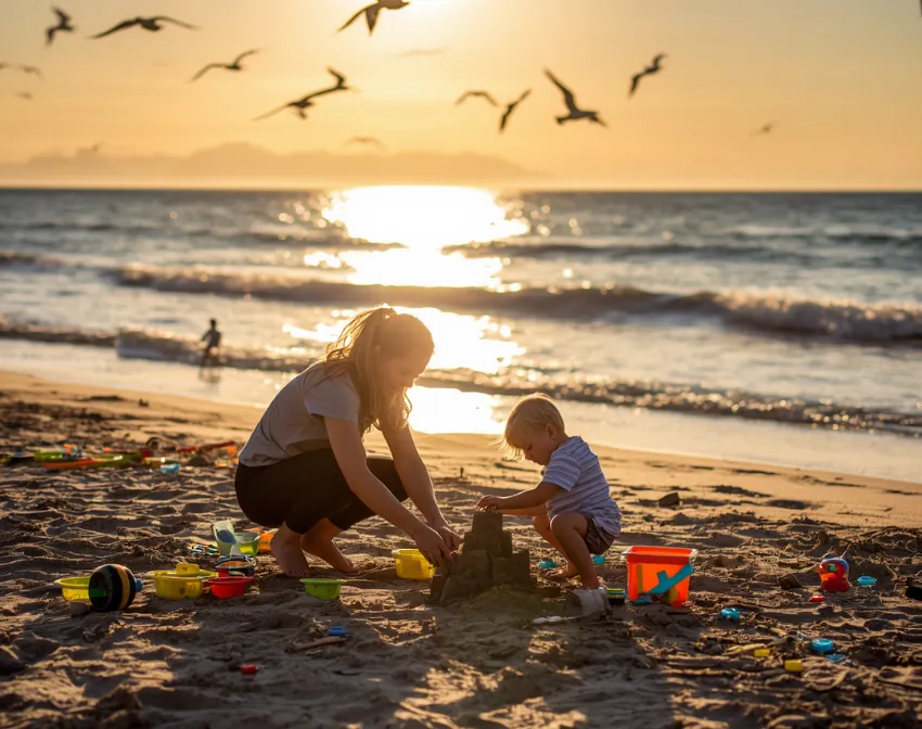 Mother or nanny building a sandcastle with a young child on the beach at sunset