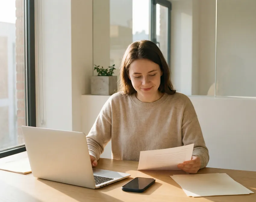 Woman sitting at a desk reviewing documents and working on a laptop