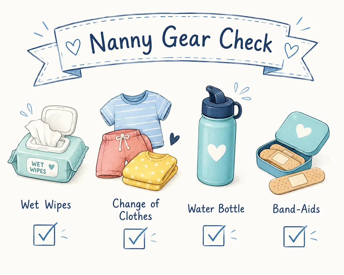 Illustrated 'Nanny Gear Check' checklist featuring wet wipes, extra clothes, a water bottle, and Band-Aids