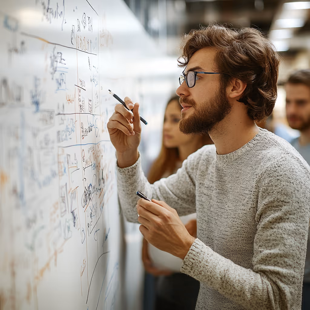 An office employee writes complex ideas and works with his colleagues on a whiteboard.