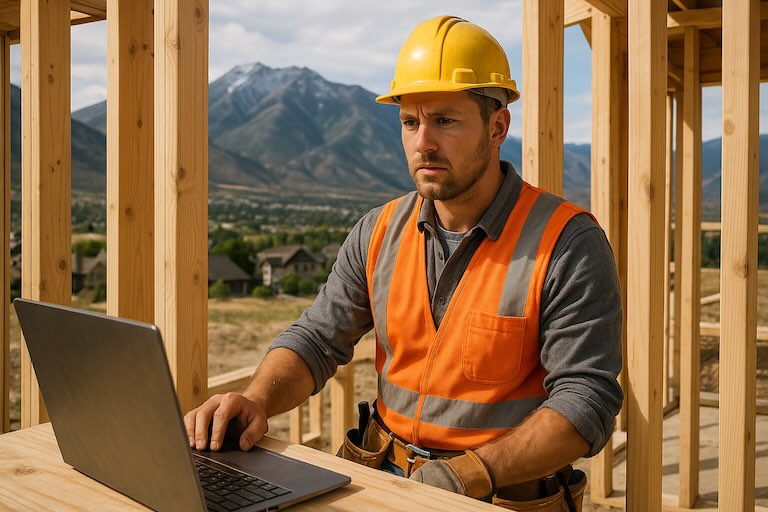 Construction worker in a safety vest and hard hat using a laptop at a building site in Utah, with mountains and homes in the background.