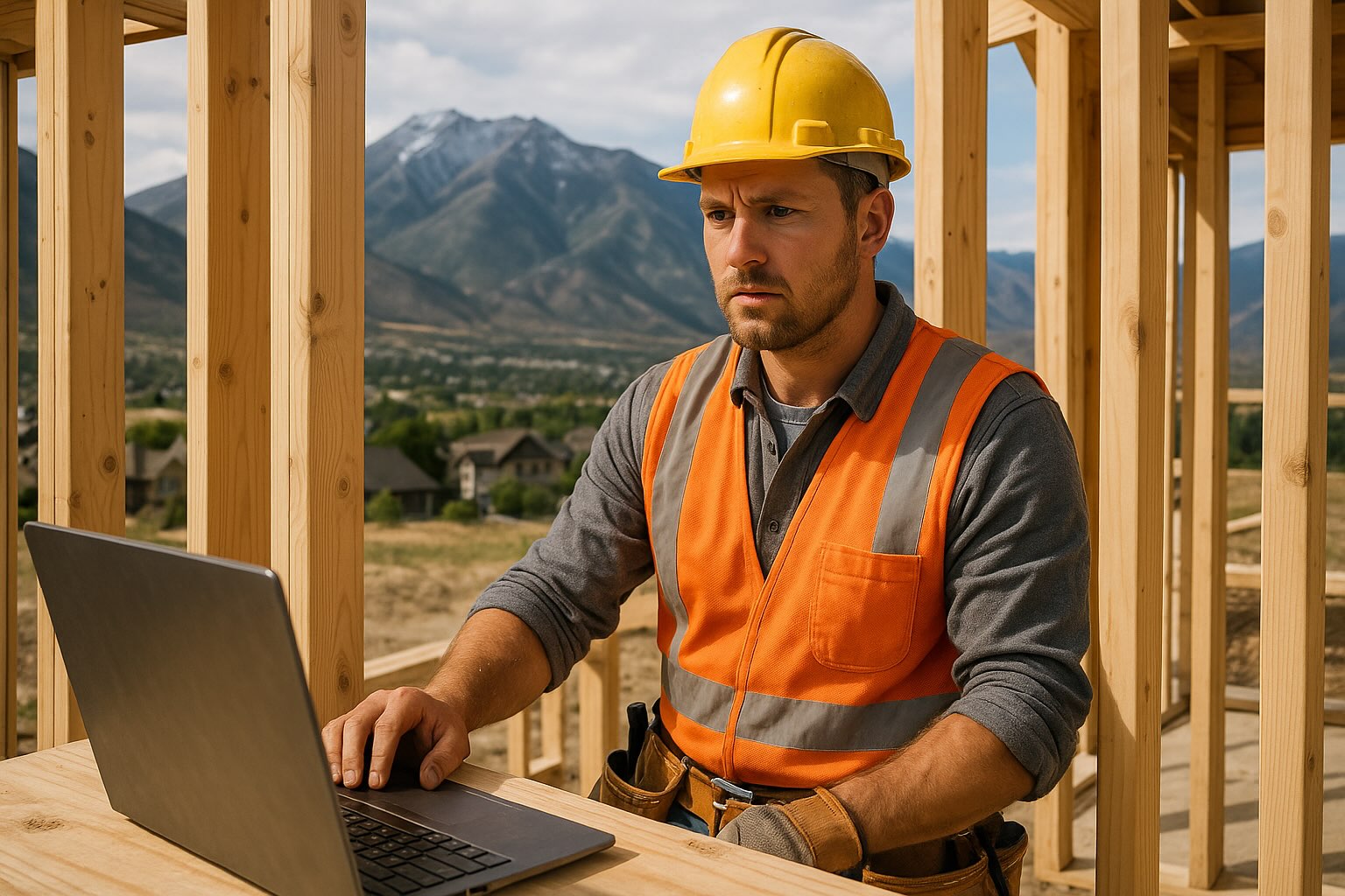 Construction worker in a safety vest and hard hat using a laptop at a building site in Utah, with mountains and homes in the background.