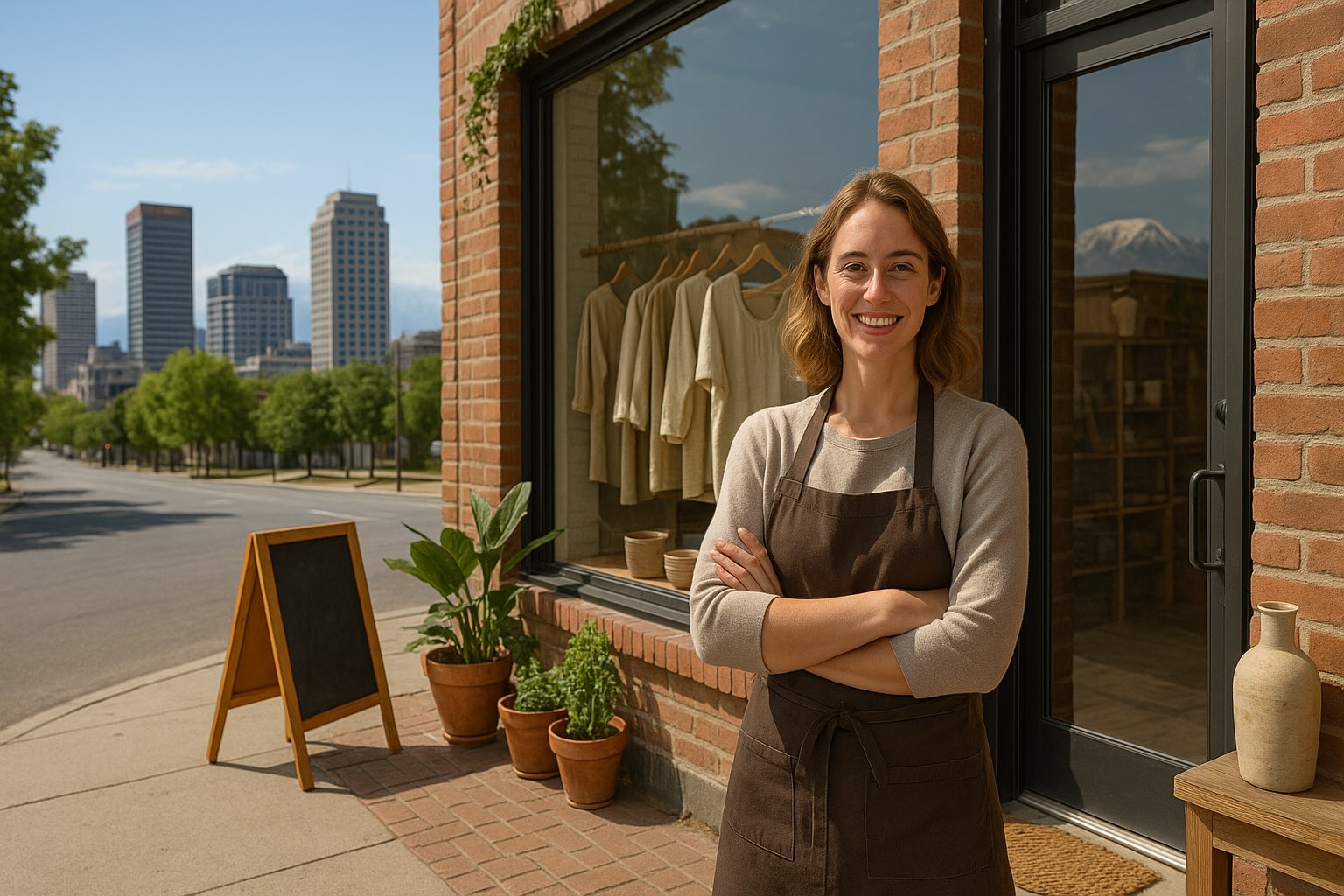 Smiling woman in an apron stands outside her Salt Lake City small business with skyline and mountains in the background.