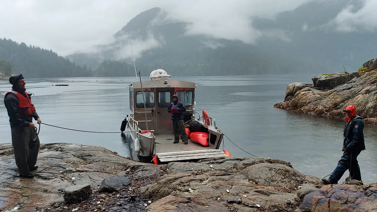 A boat on a rocky shoreline being held in place by two workers.