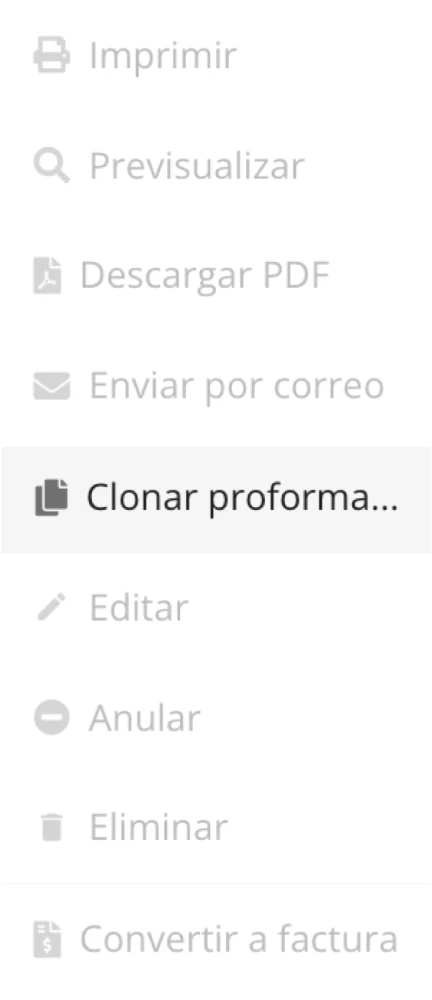 Menú de facturación electrónica enfocado en Clonar Proformas