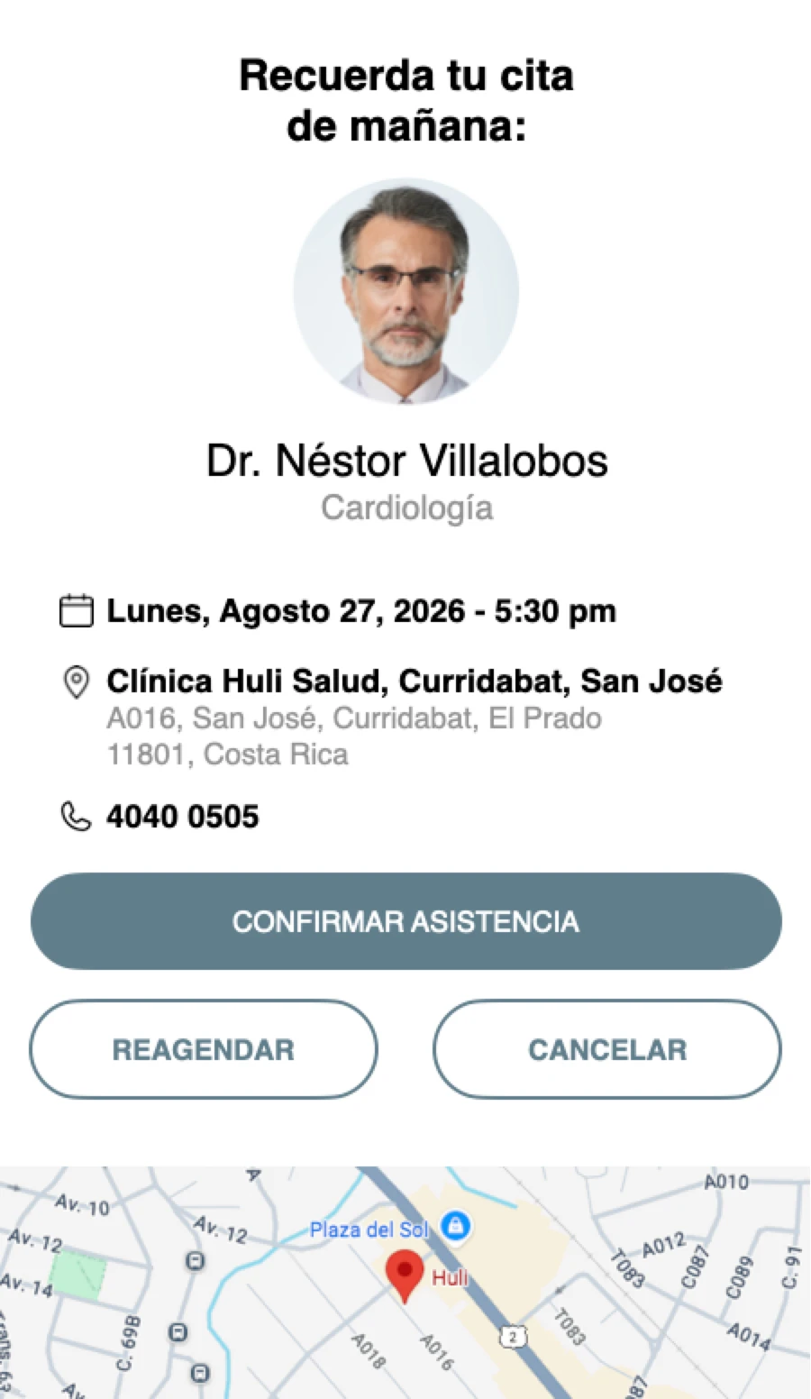 Recordatorio de cita médica de un doctor en Costa Rica