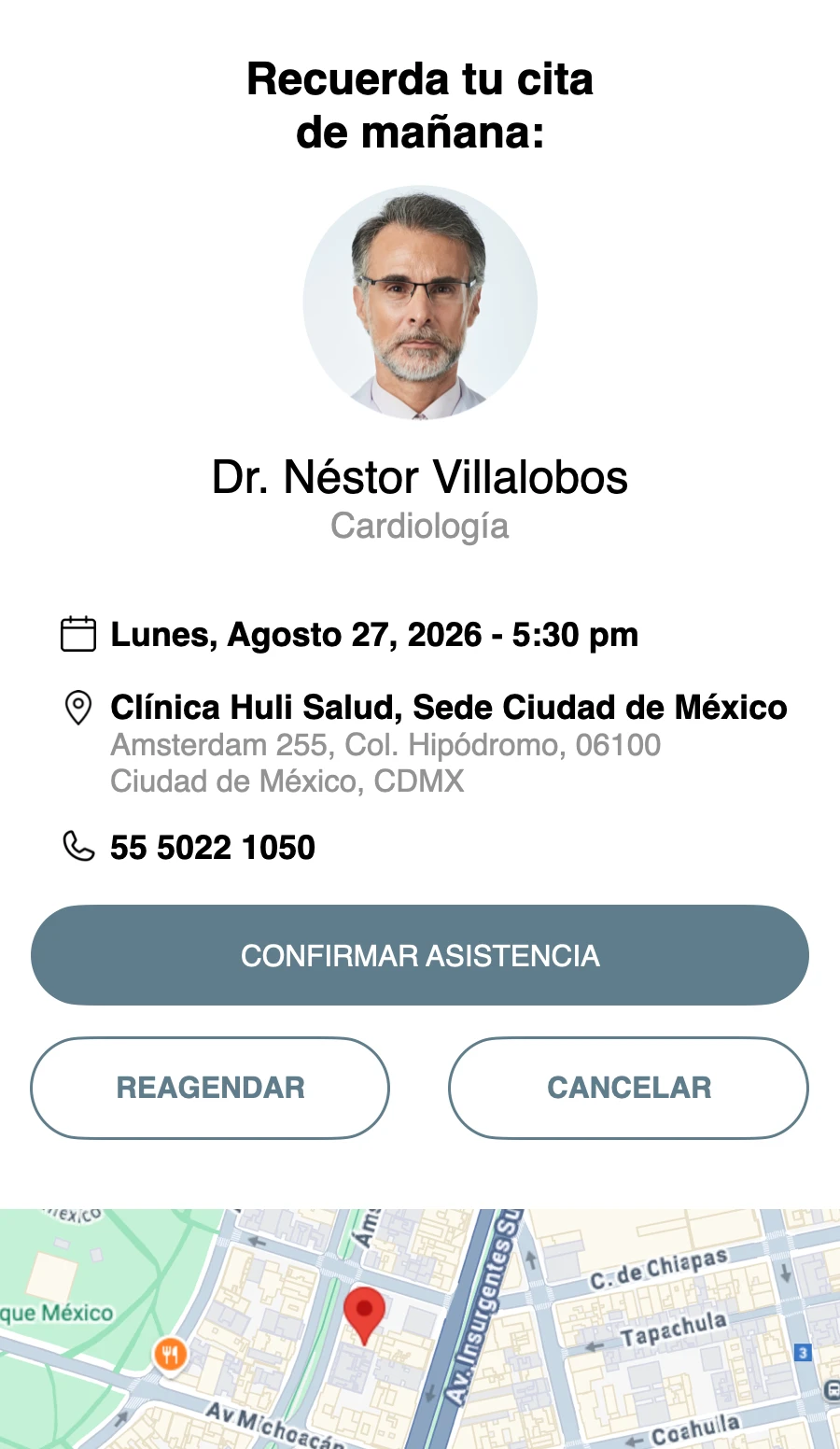 Recordatorio de cita médica de un doctor en México