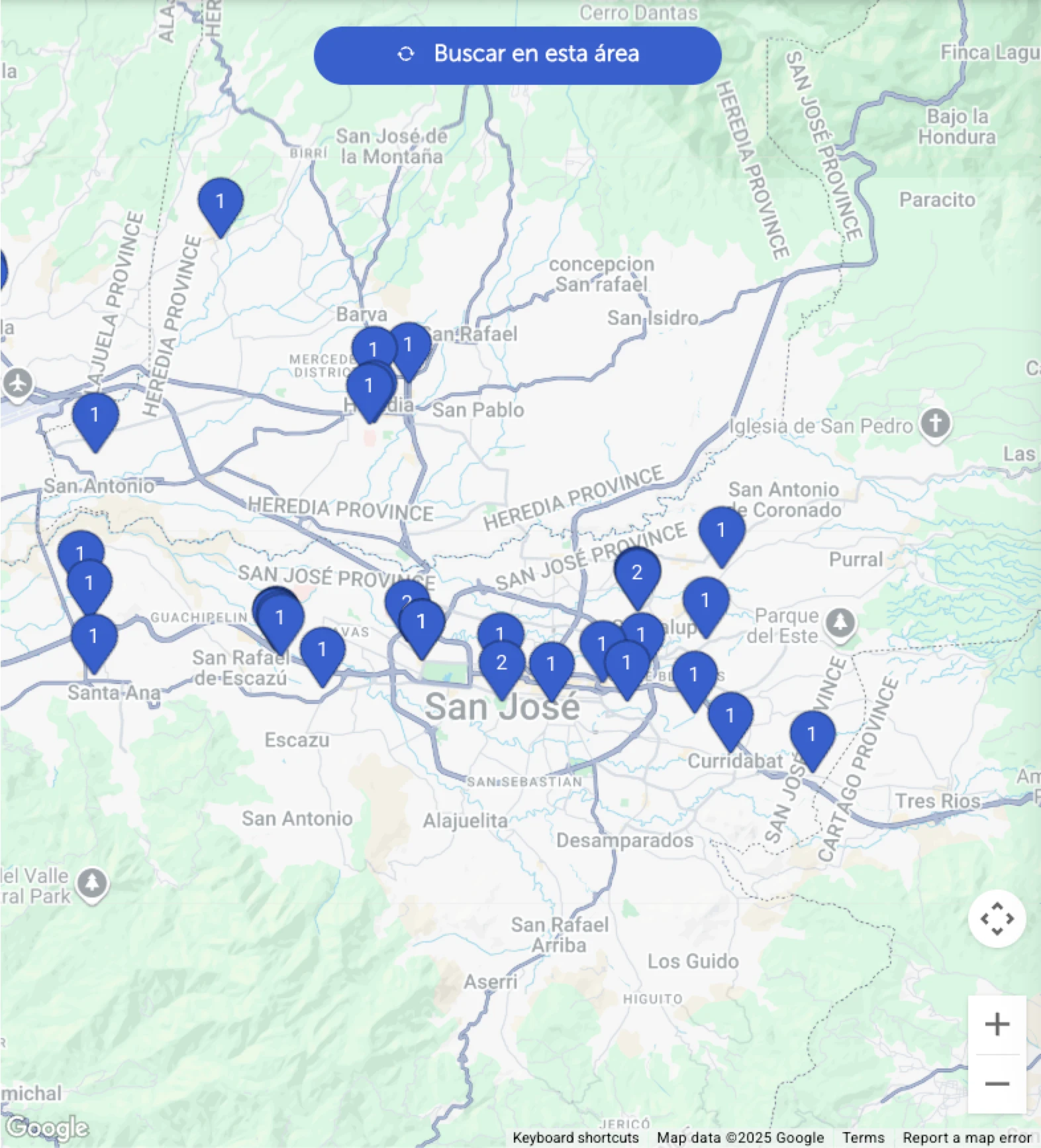 Centros médicos en un mapa de San José, Costa Rica