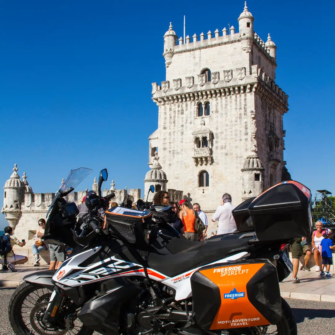 Freeride Spirit motorcycle with Belém Tower in background