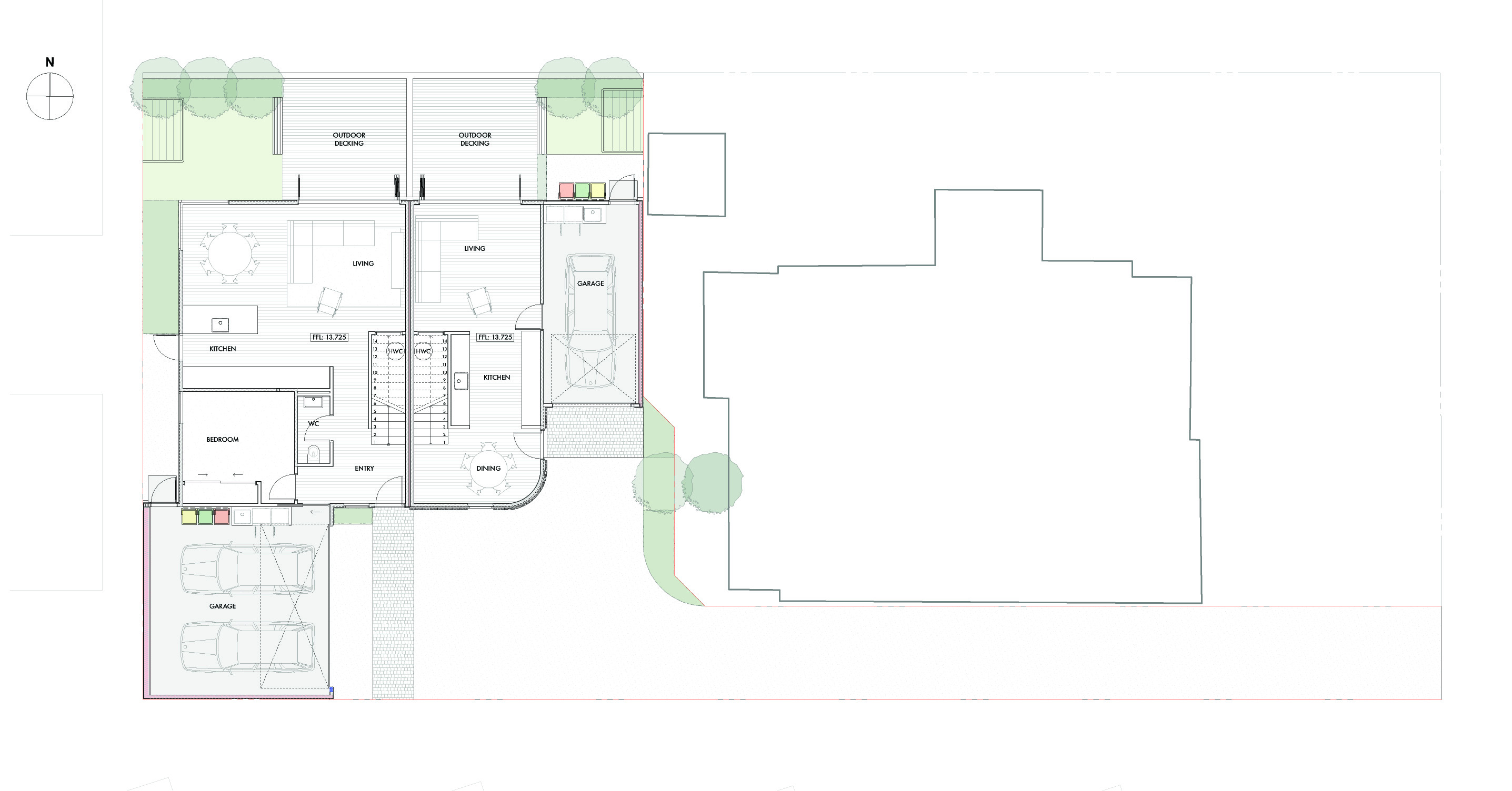 Floor plan of the Hills Road duplex showing overall site layout, including driveway, compass orientation, and ground floor layout of the front and rear homes.