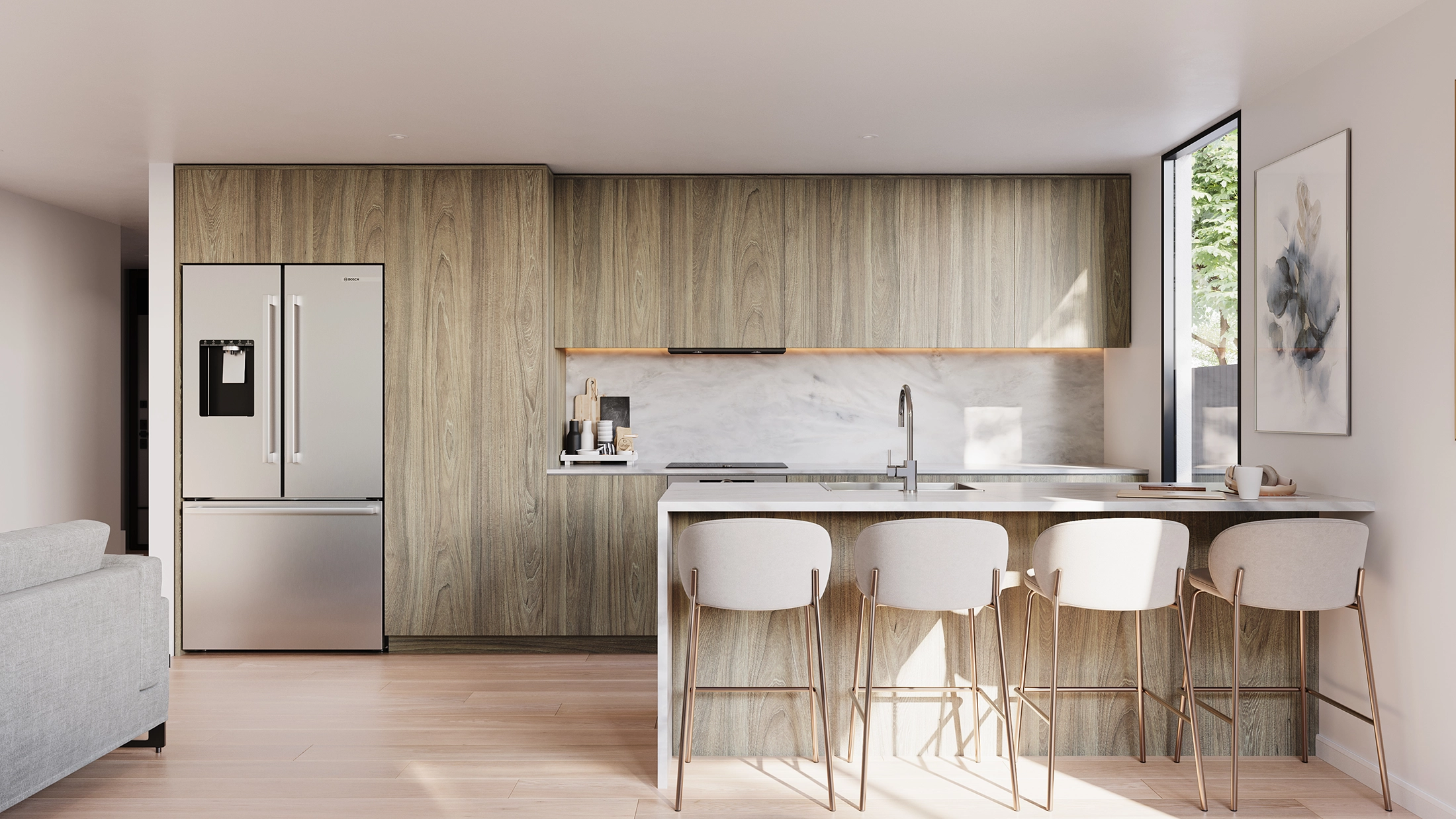 Render of the Hills Road kitchen showcasing natural timber cabinetry, a matching benchtop and splashback, waterfall island bench, timber flooring, and white painted walls.