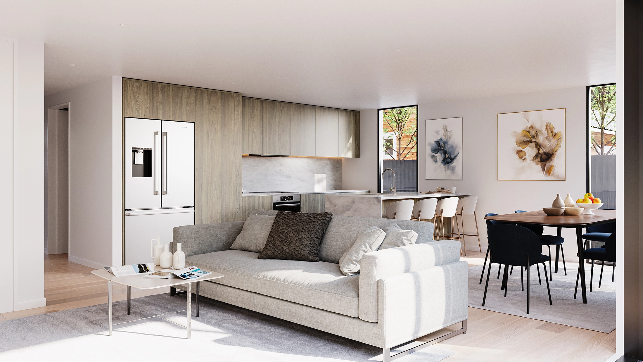 Render of the Hills Road open-plan living area featuring timber flooring, a kitchen with waterfall benchtop, natural timber cabinetry, and white painted walls.