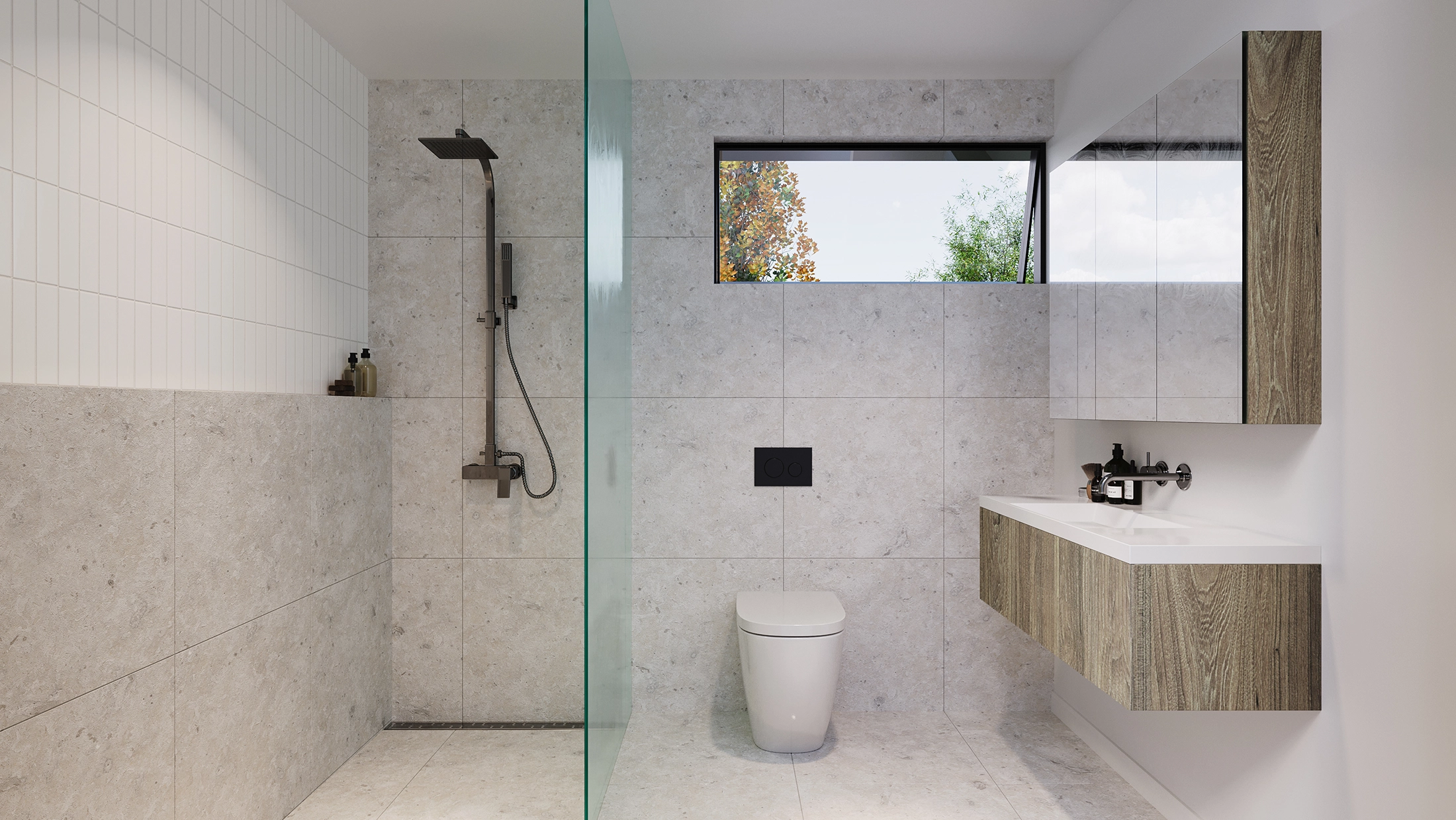 Render of the Hills Road master bathroom featuring fully tiled walls, a floating vanity, and contemporary fixtures.