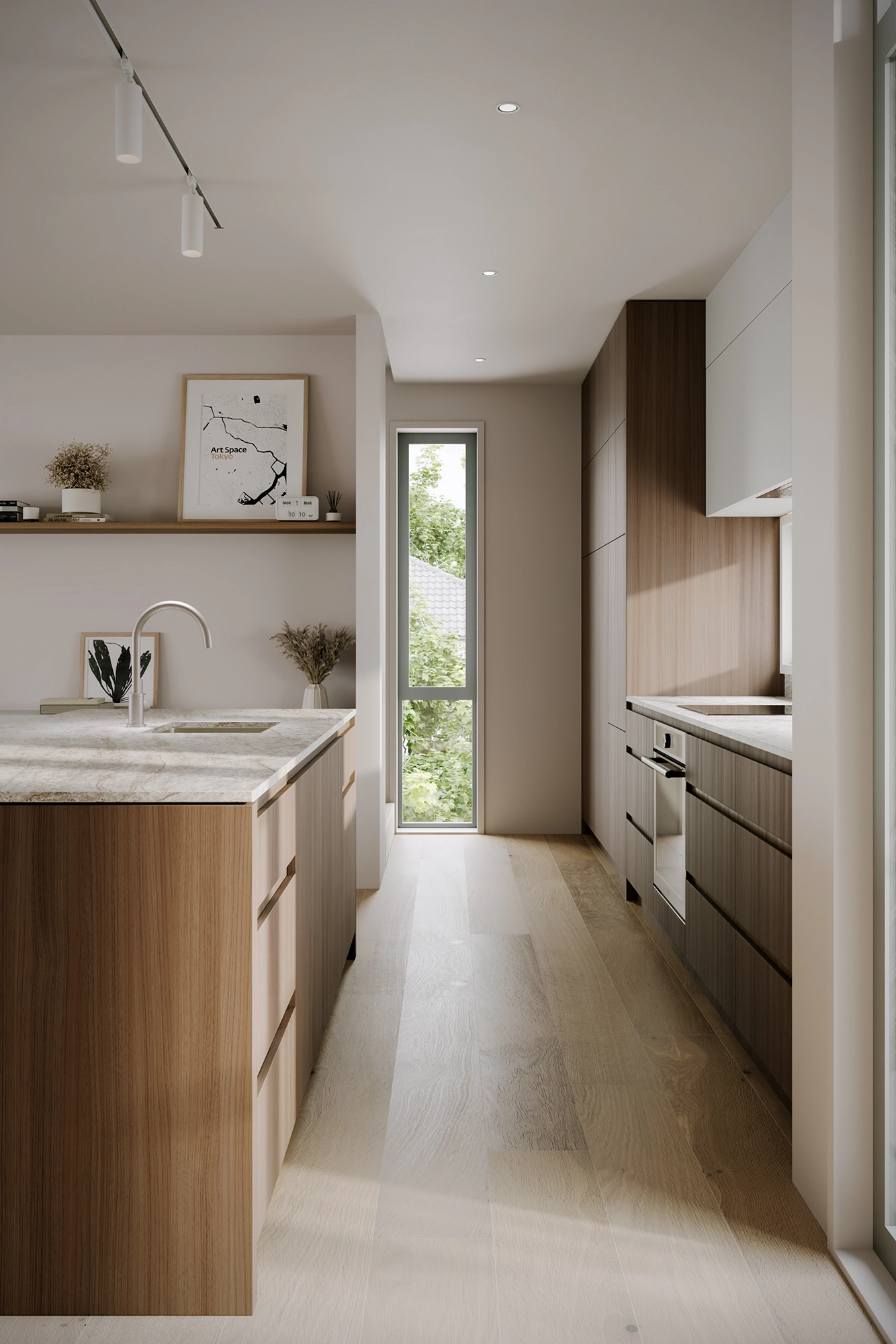 Modern kitchen with light wood cabinets, marble countertop island, narrow window, and ceiling track lighting.