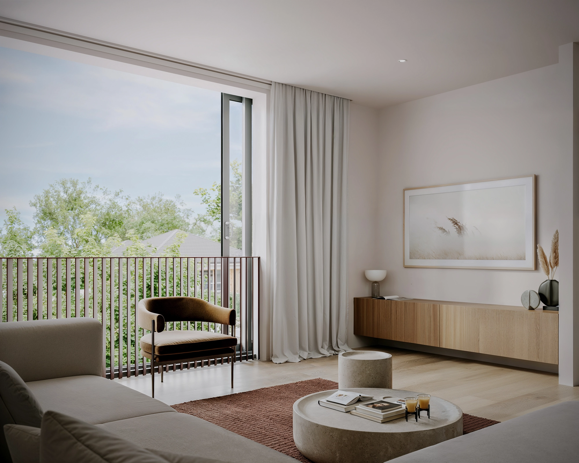 Modern living room with beige sofa, brown armchair, round coffee tables, wooden cabinet, and large window with a view.