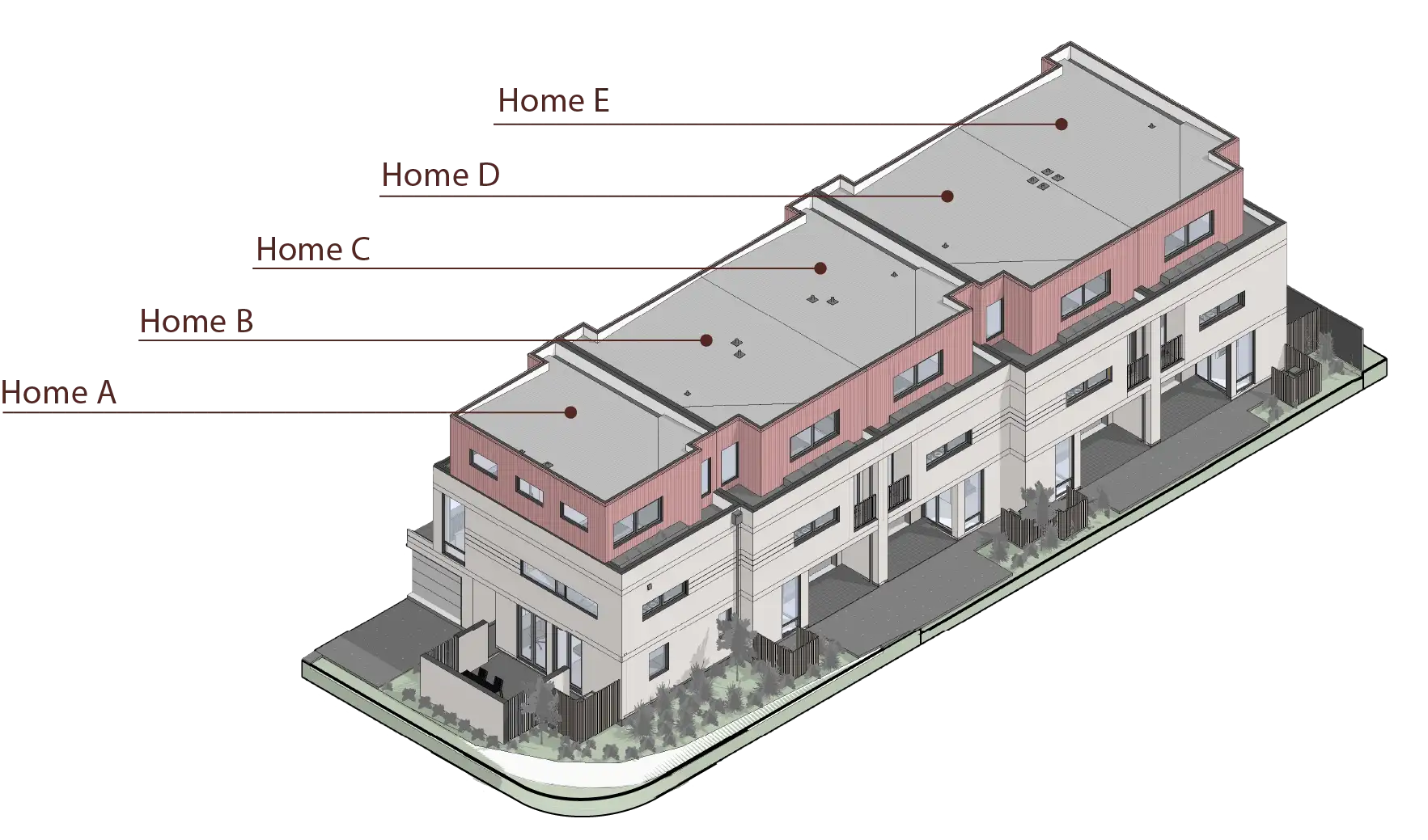 Isometric view of a modern multi-unit building labeled Home A to Home E from left to right.