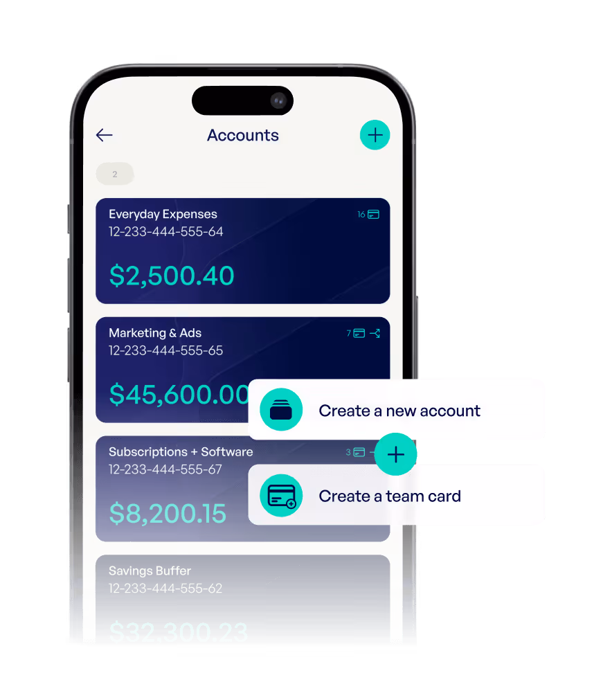 Mobile app screen displaying financial accounts with balances; options to create a new account or a team card.