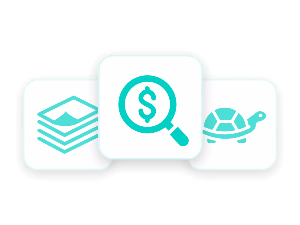 Three white squares with turquoise icons: stack of photos on the left, magnifying glass with a dollar sign in the center, and a turtle on the right.