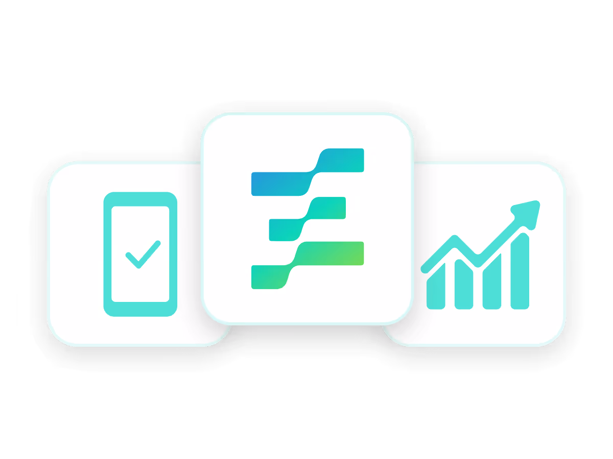 Three white rounded squares with teal icons: a smartphone with check mark, layered horizontal bars, and a bar chart with upward arrow.