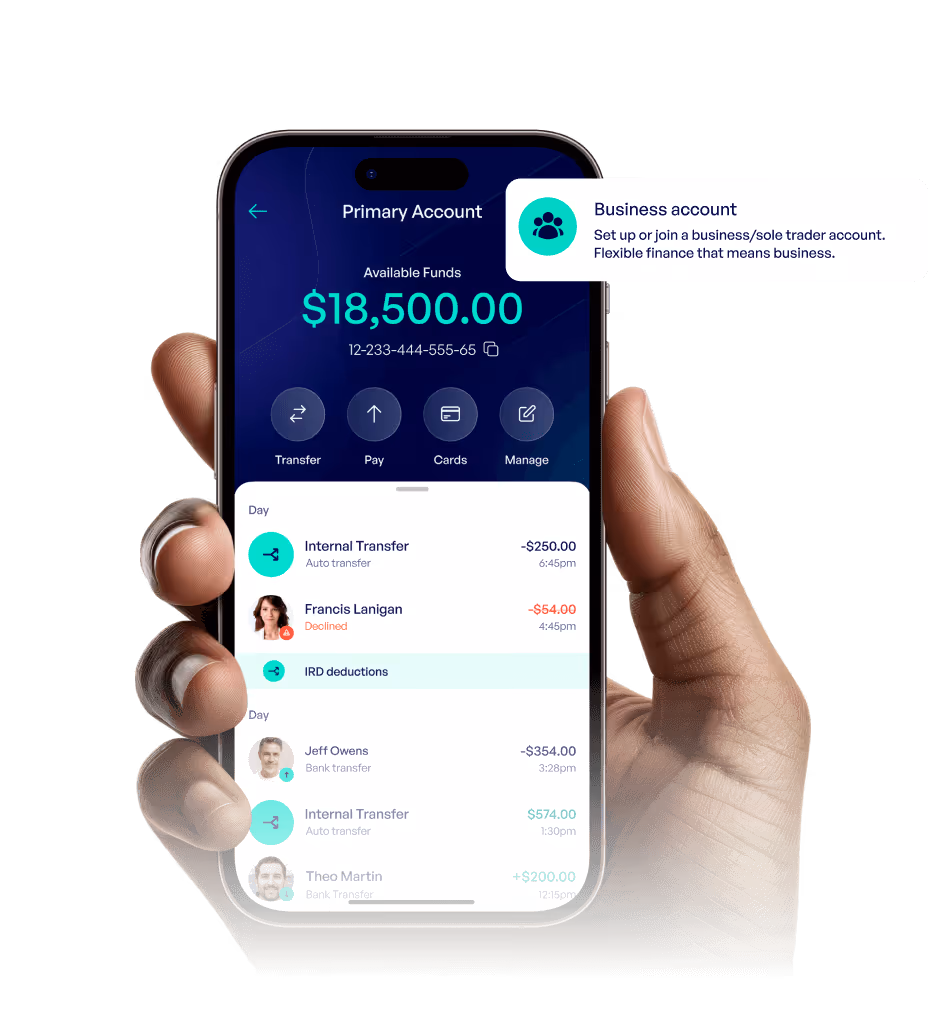 Hand holding smartphone displaying a primary bank account with $18,500 available funds and recent transactions including transfers and payments.