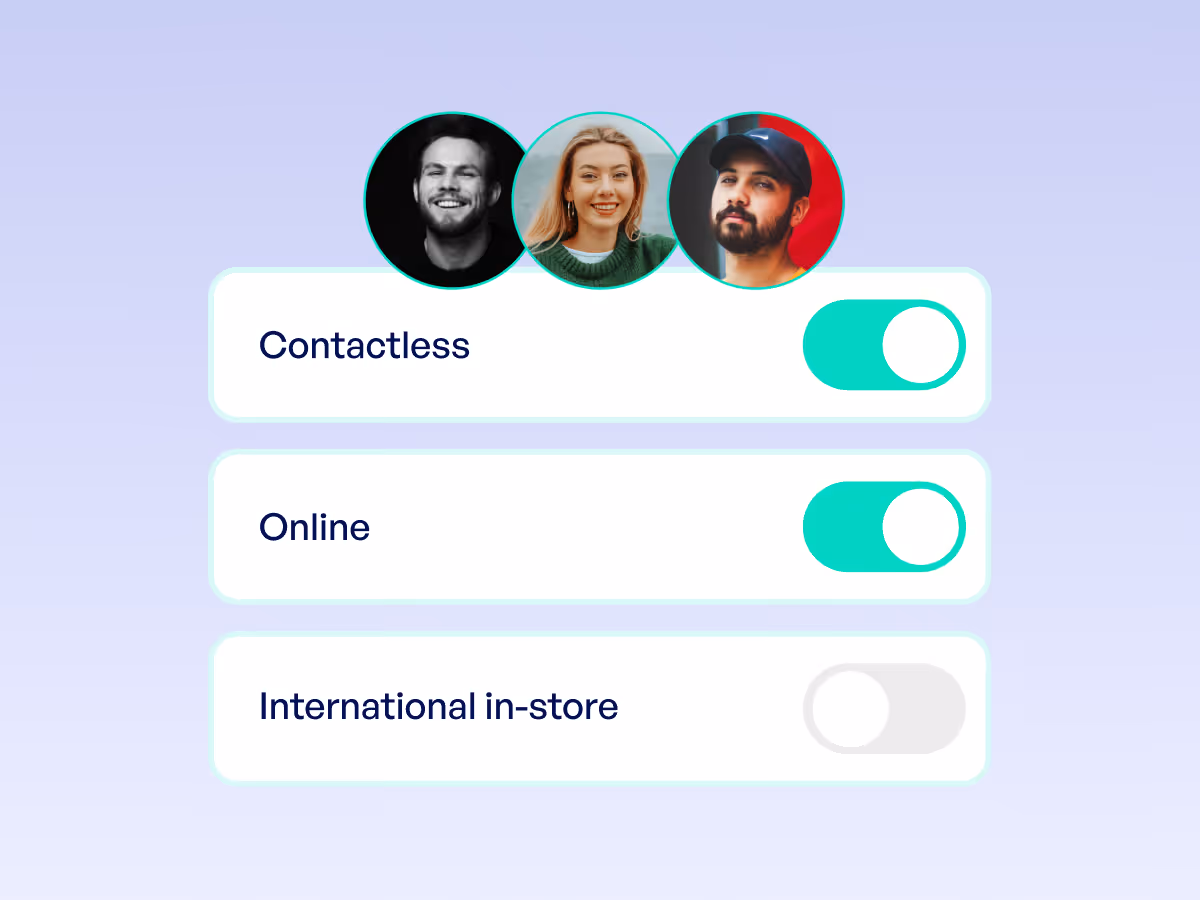 Three profile photos above three toggle switches labeled Contactless and Online turned on, International in-store turned off.