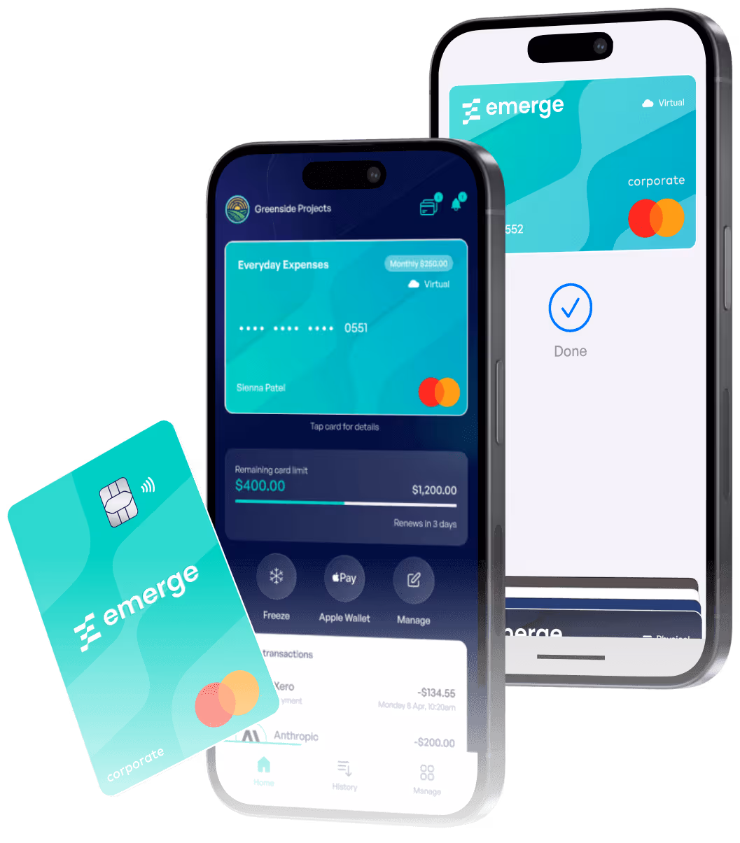 Mobile phones displaying Emerge corporate virtual cards and an expense management app interface showing card details and transactions.