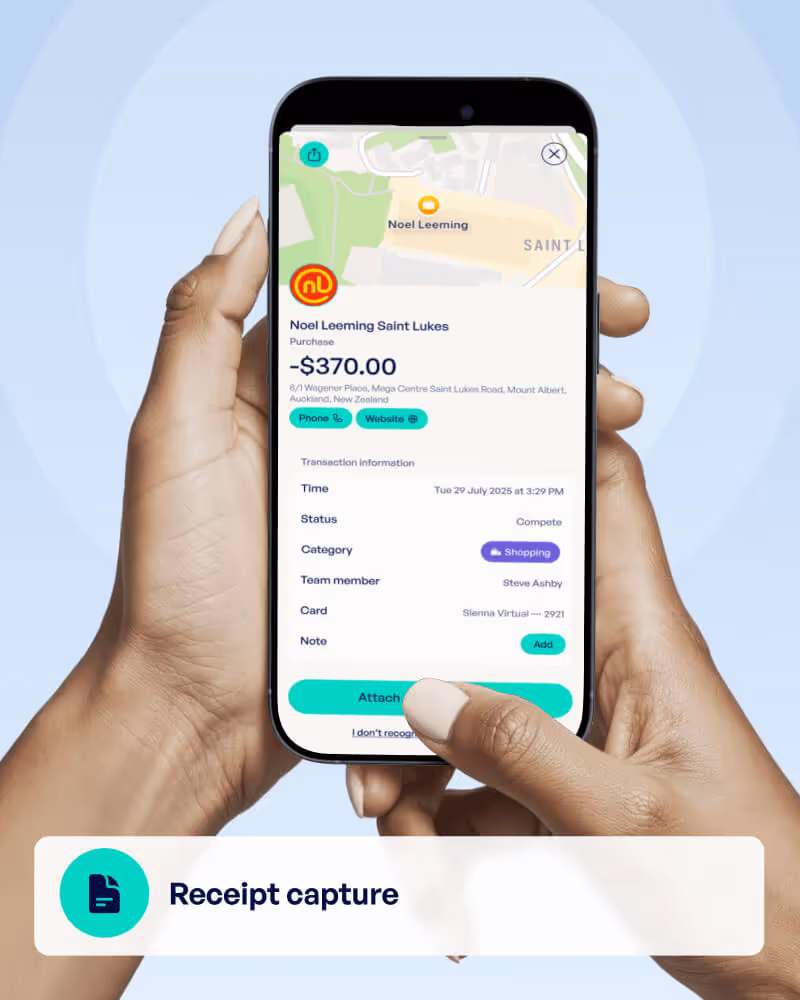 Hand holding a smartphone displaying a transaction receipt for $370 at Noel Leeming Saint Lukes with details and options to call, visit website, add notes, and attach receipt.