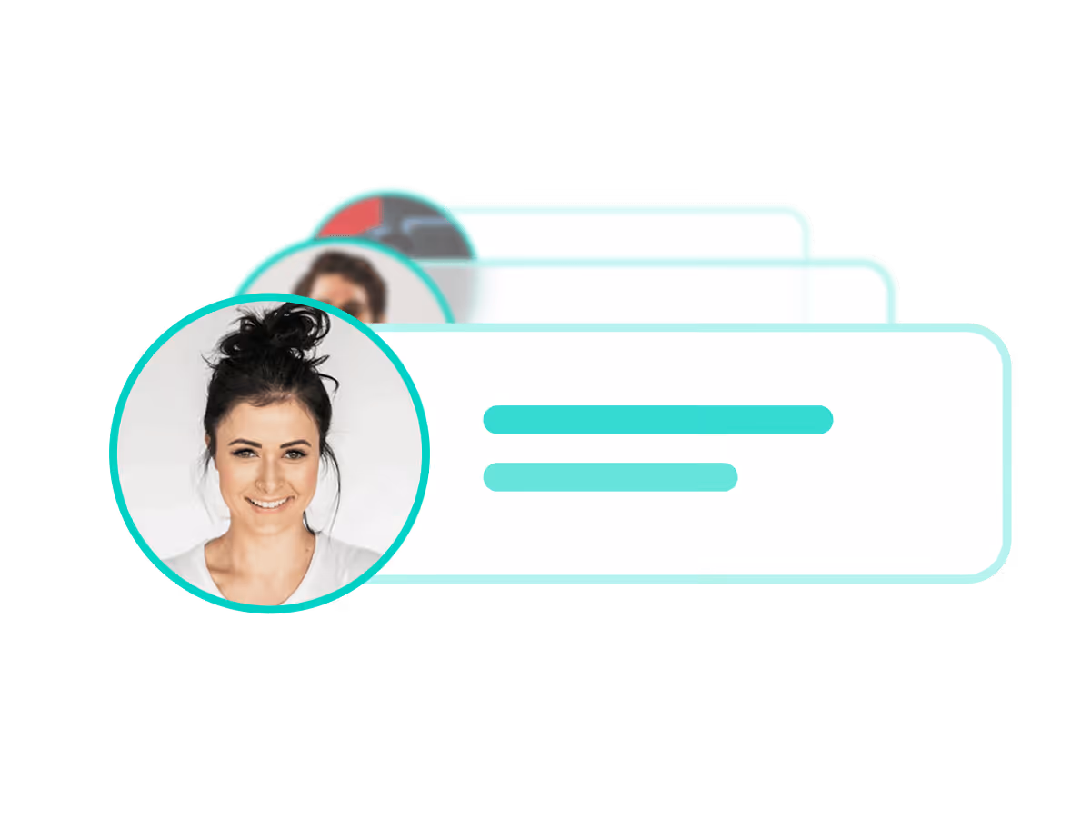 Stacked user profile cards with a smiling woman with dark hair in a bun on the front card.
