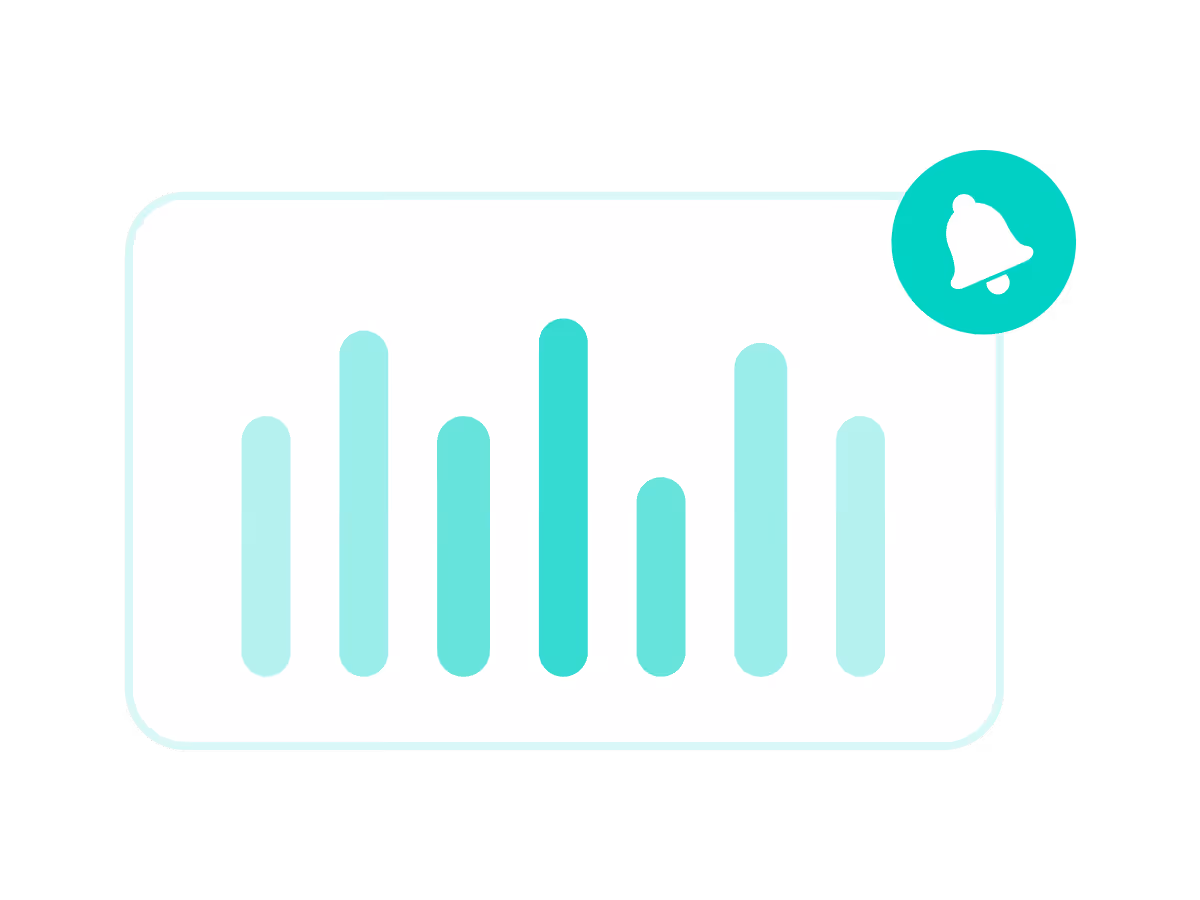 Card with stylized vertical bar chart of varying heights and a notification bell icon at the top right corner.