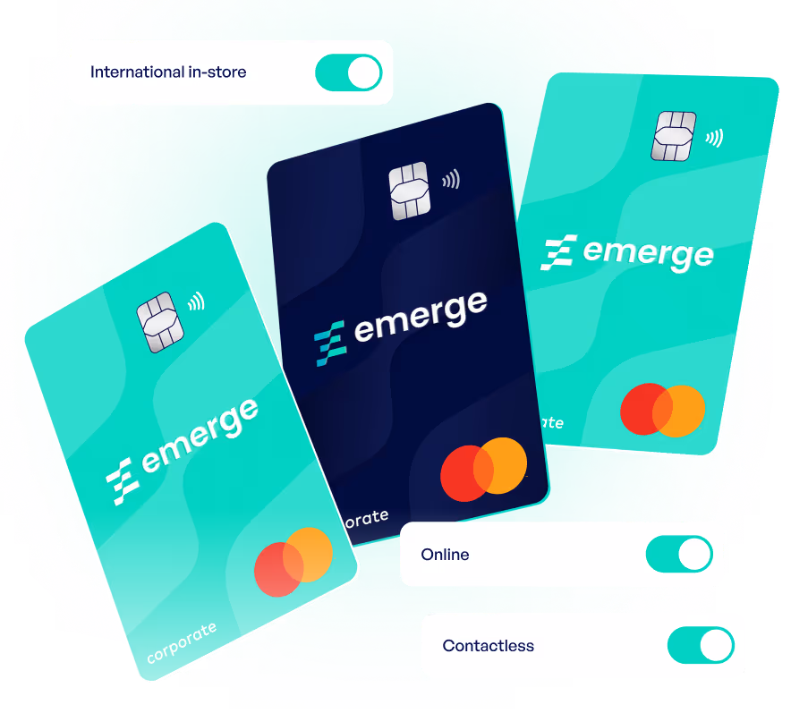 Three Emerge Mastercard corporate cards, two turquoise and one navy, with toggles for international in-store, online, and contactless payment options enabled.