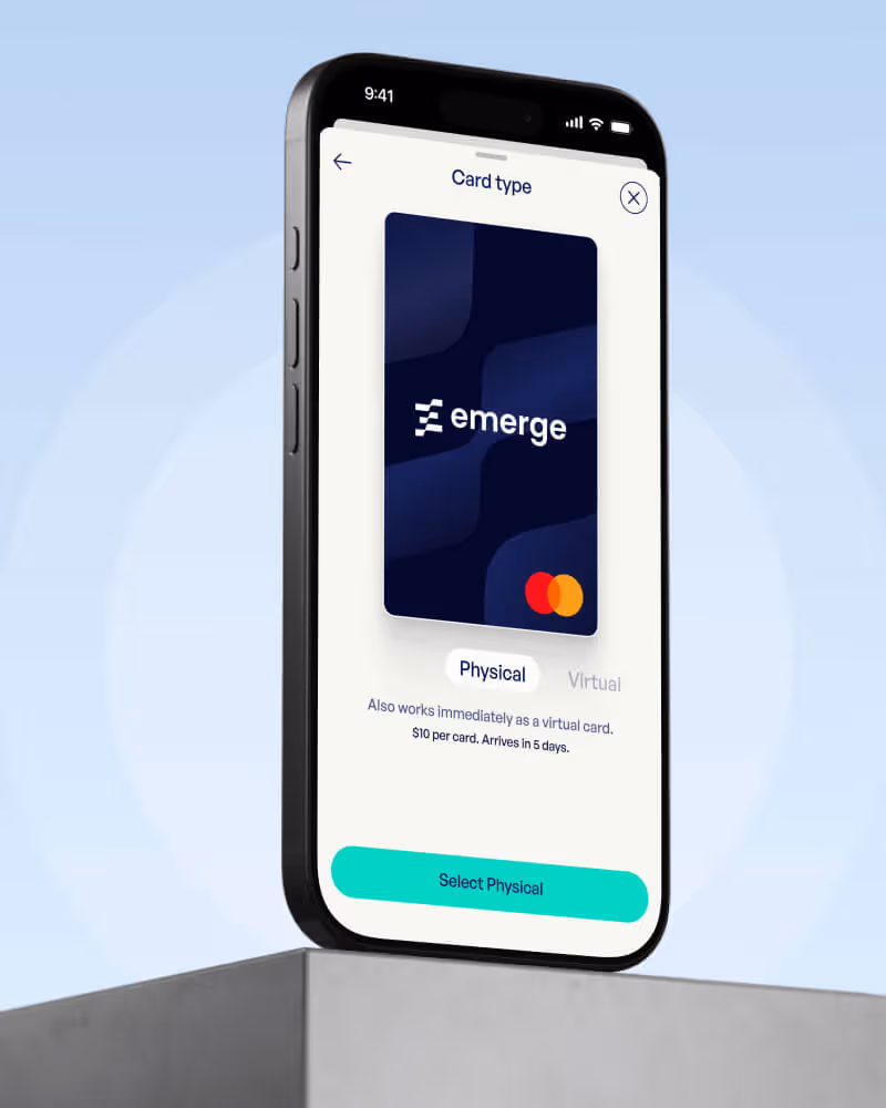 Smartphone screen showing a card selection interface with a dark blue Emerge Mastercard option labeled Physical card, priced at $10 and arrives in 5 days.