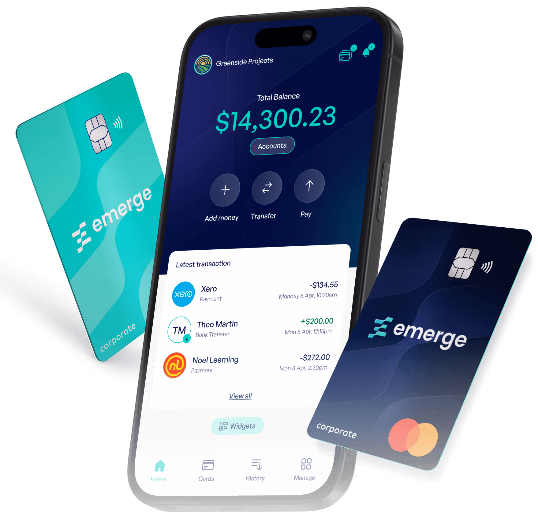 Mobile banking app screen showing total balance of $14,300.23 with options to add money, transfer, and pay, alongside two corporate Emerge credit cards.