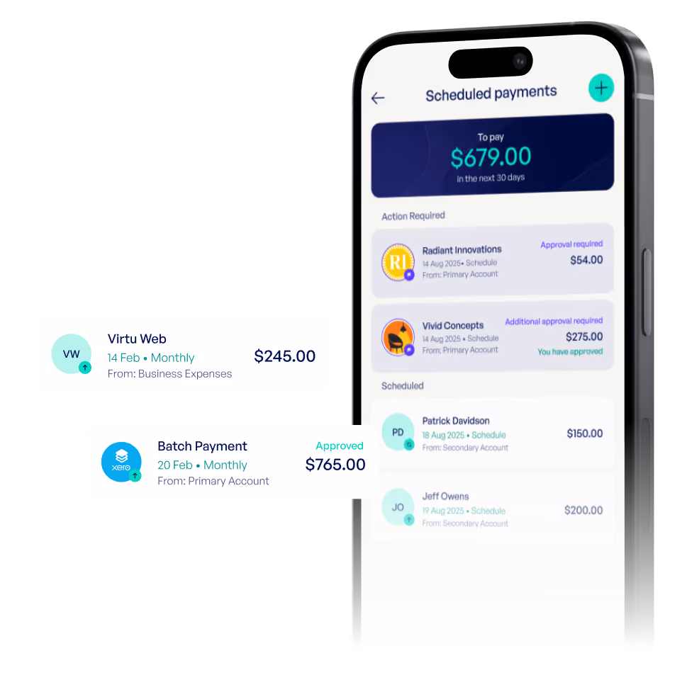 Mobile screen showing scheduled payments with a total of $679.00 to pay in the next 30 days, including pending approval for Radiant Innovations $54 and Vivid Concepts $275, and scheduled payments for Patrick Davidson $150 and Jeff Owens $200.