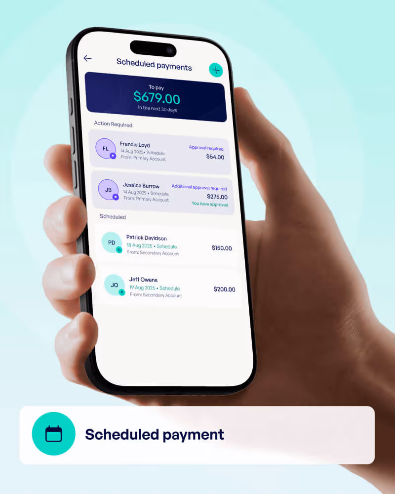 Smartphone displaying a scheduled payments app screen showing $679.00 to pay with payment details for Francis Loyd, Jessica Burrow, Patrick Davidson, and Jeff Owens.