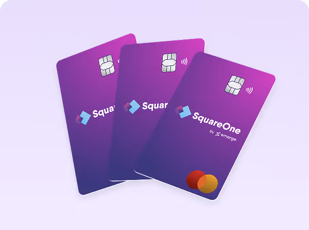 Three purple SquareOne payment cards with chip and contactless symbols, fanned out on a light background.