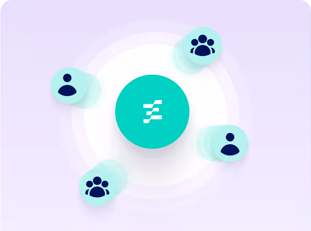 Central icon with horizontal bars connected by four smaller icons of individual and group silhouettes, symbolizing networking or teamwork.