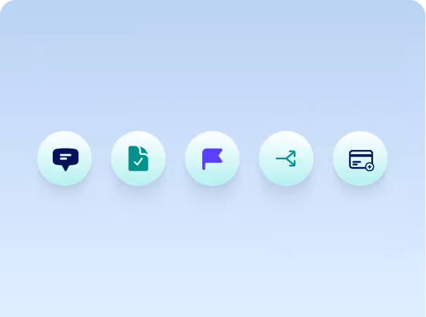 Row of five circular icons on a light blue gradient background, including a chat bubble, a document with a checkmark, a flag, a flowchart node, and a credit card with a plus sign.
