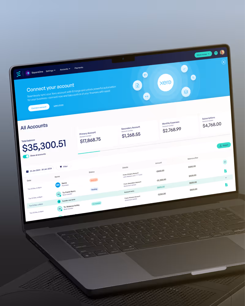 Open laptop displaying a financial dashboard with account balances and transactions synced with Xero accounting software.