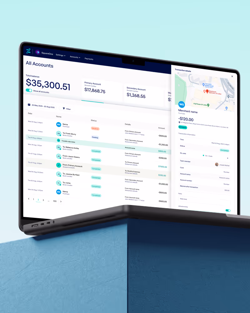 Laptop screen displaying a financial dashboard showing account balances and transaction details with a map overlay for a merchant location.