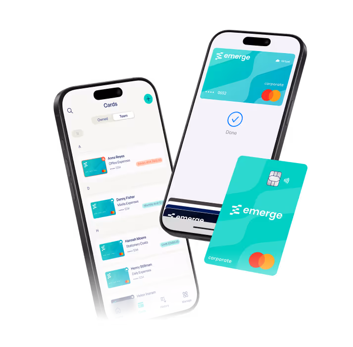 Two smartphones displaying a finance app with corporate Mastercard cards; one phone shows a list of cards for employees, the other shows a transaction completed screen, alongside a floating corporate Mastercard.