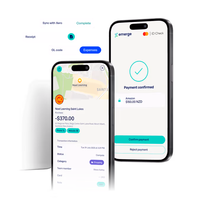 Two smartphones displaying a financial app: one shows a detailed transaction for $370.00 from Noel Leeming with purchase info, the other confirms a $150.00 payment to Amazon.