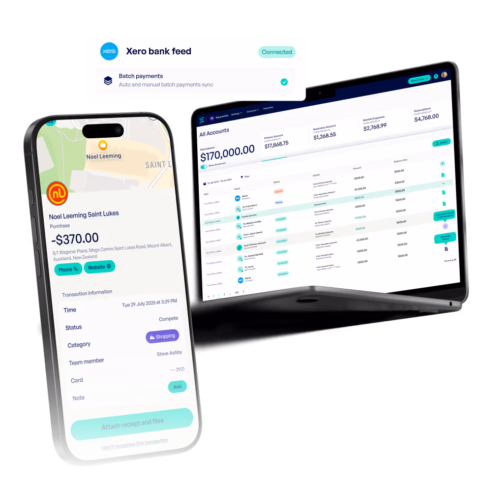Mobile phone screen showing a purchase transaction at Noel Leeming Saint Lukes for $370 with details and buttons, alongside a laptop screen displaying an accounting dashboard with account balances and transactions, plus a Xero bank feed connection confirmation.