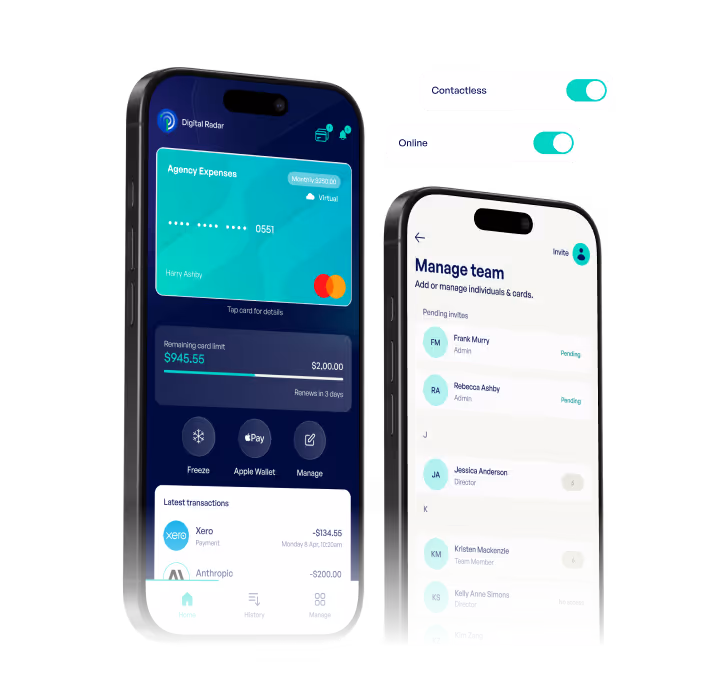 Two smartphones displaying a finance app interface with an agency expense card, card limit, latest transactions, and a team management screen with contactless and online toggles enabled.