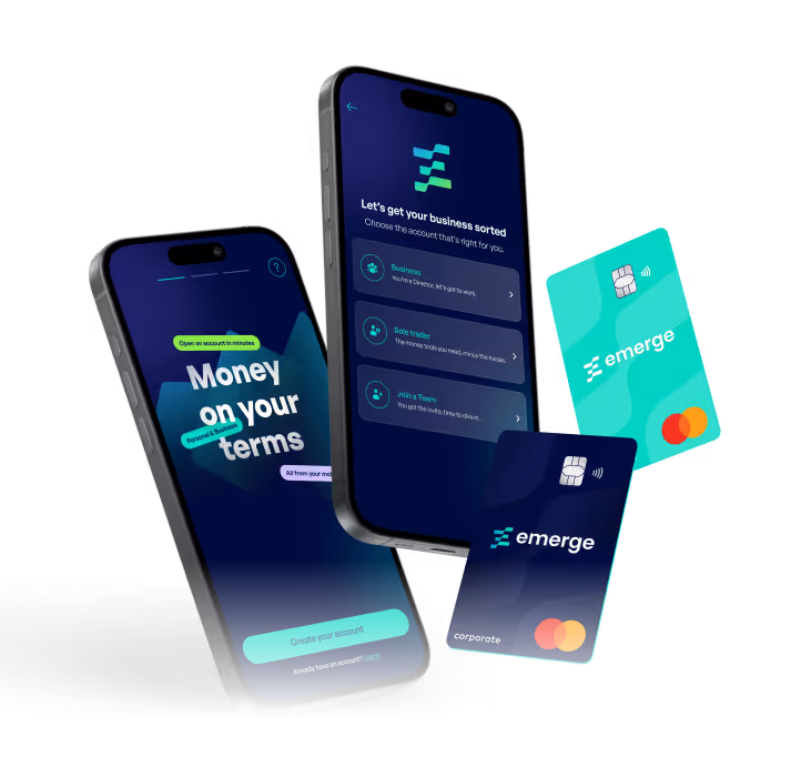 Two smartphones displaying the Emerge business account app interface and two Emerge branded Mastercard debit cards, one corporate and one personal.