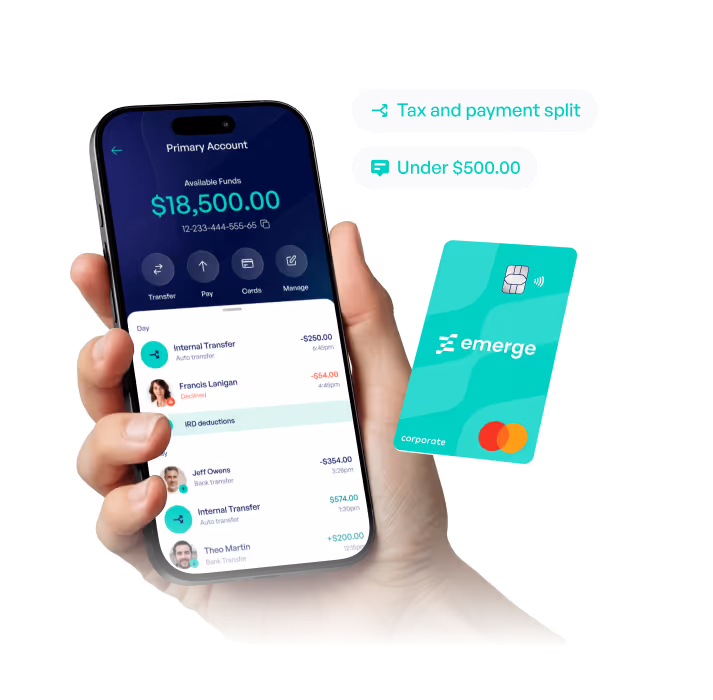 Hand holding smartphone showing a banking app with $18,500 available funds and recent transactions, alongside a teal Emerge corporate Mastercard.