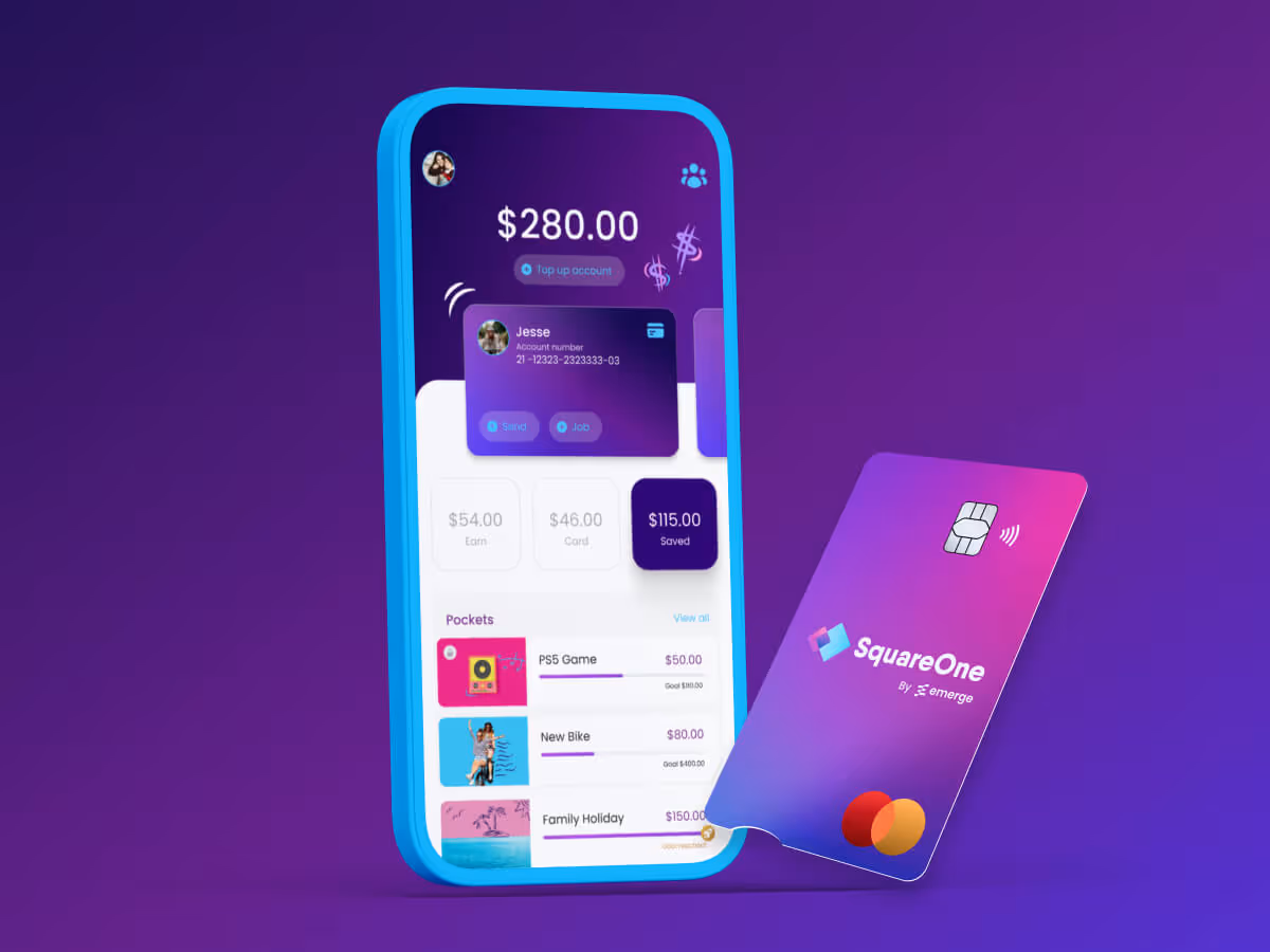 Smartphone screen showing a banking app with a $280.00 balance, account details for Jesse, and savings pockets for PS5 game, new bike, and family holiday, next to a SquareOne contactless Mastercard.