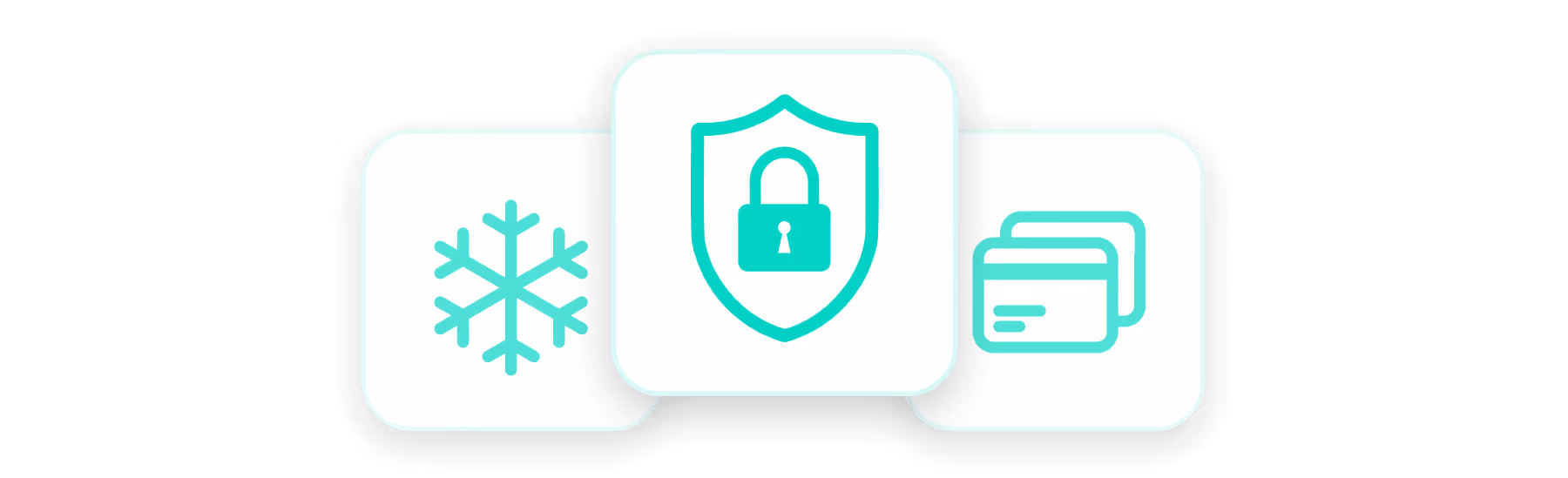Three white rounded squares with teal icons: a snowflake, a shield with a padlock, and two credit cards.