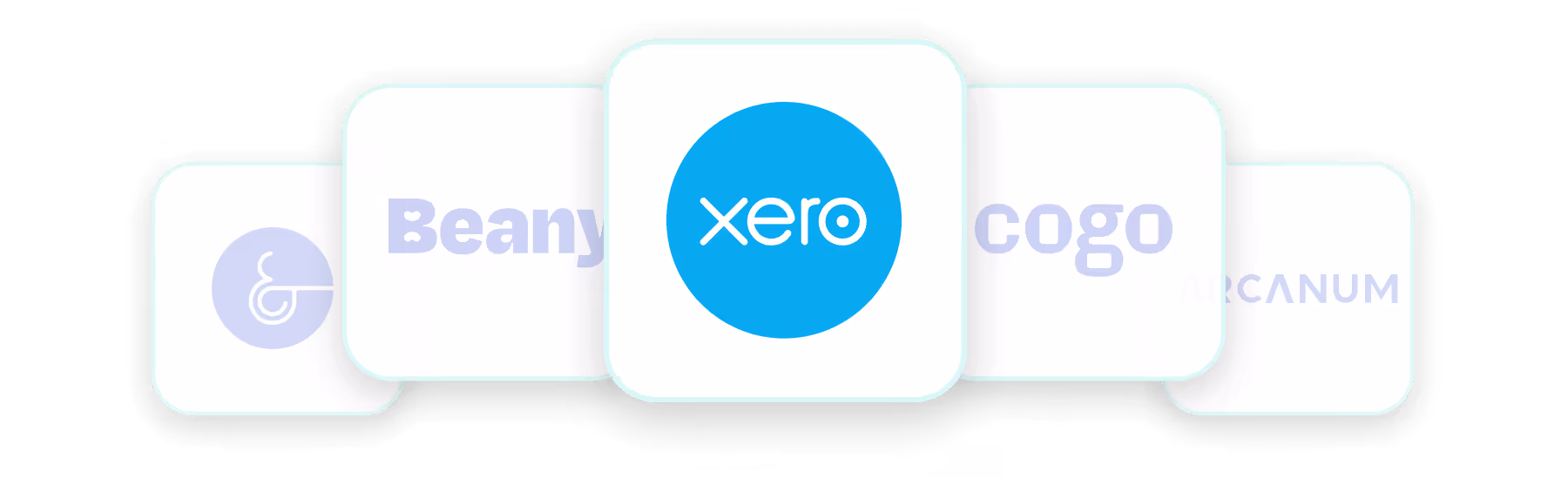 Logos of business software plugins including Xero, partially visible Beany and Arcanu with a central blue circle highlighting the Xero logo.