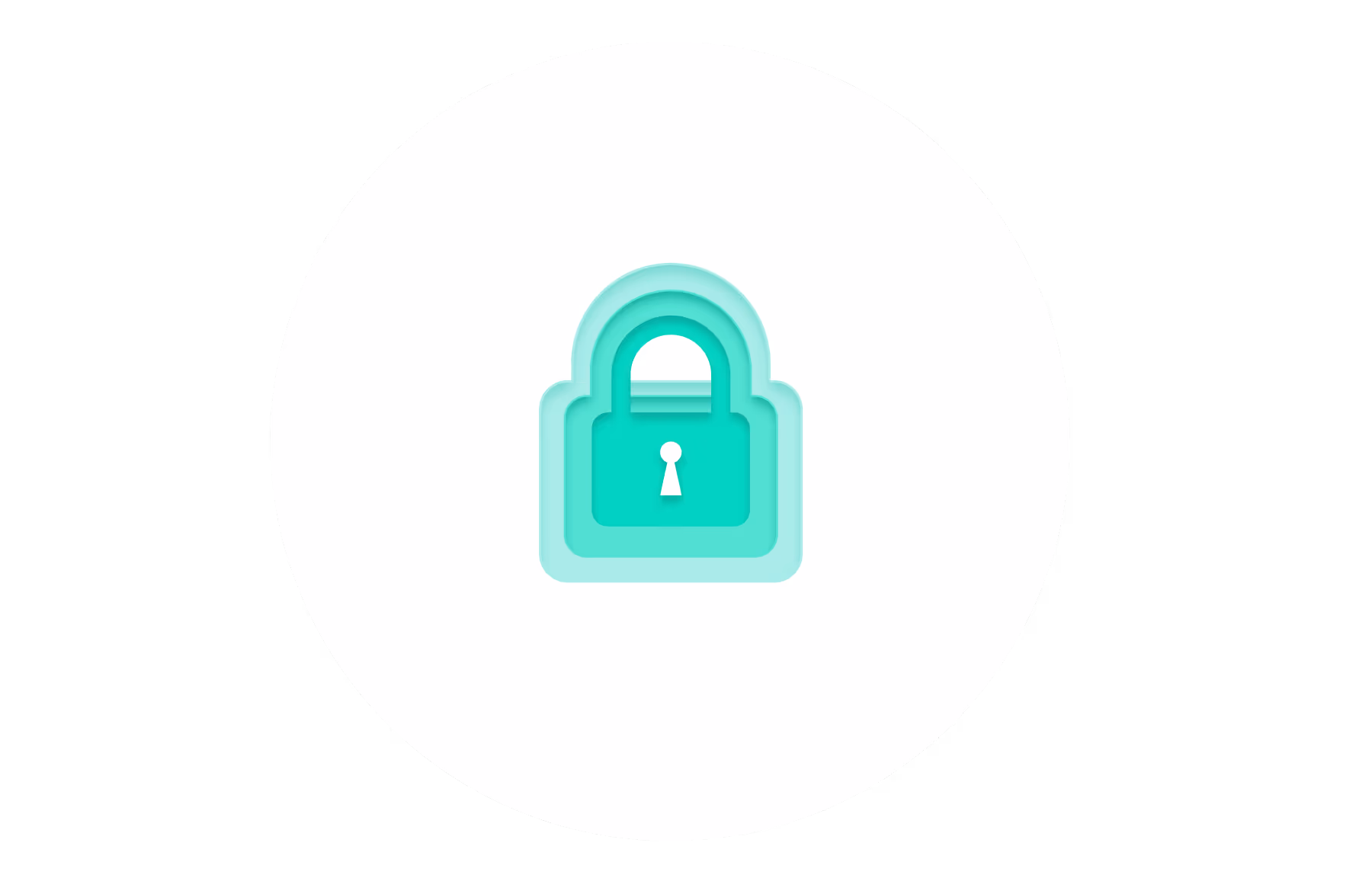 Stylized teal padlock icon with layered glow effect inside a white circular background.